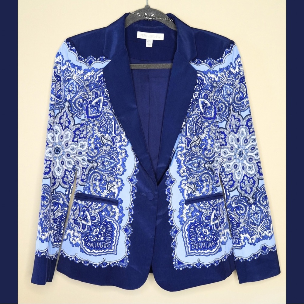 Forever New Navy Blue and White Patterned Blazer